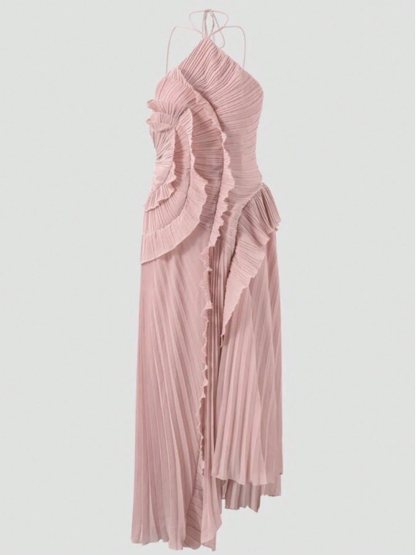 Women's Pink Lightweight Halter Neck Backless Ruffle Mid-Length A-Line Dress, Sleeveless Polyester Elegant Party, Wedding Guest Summer