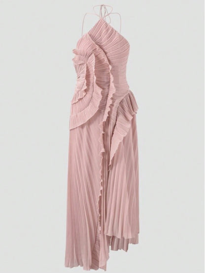 Women's Pink Lightweight Halter Neck Backless Ruffle Mid-Length A-Line Dress, Sleeveless Polyester Elegant Party, Wedding Guest Summer