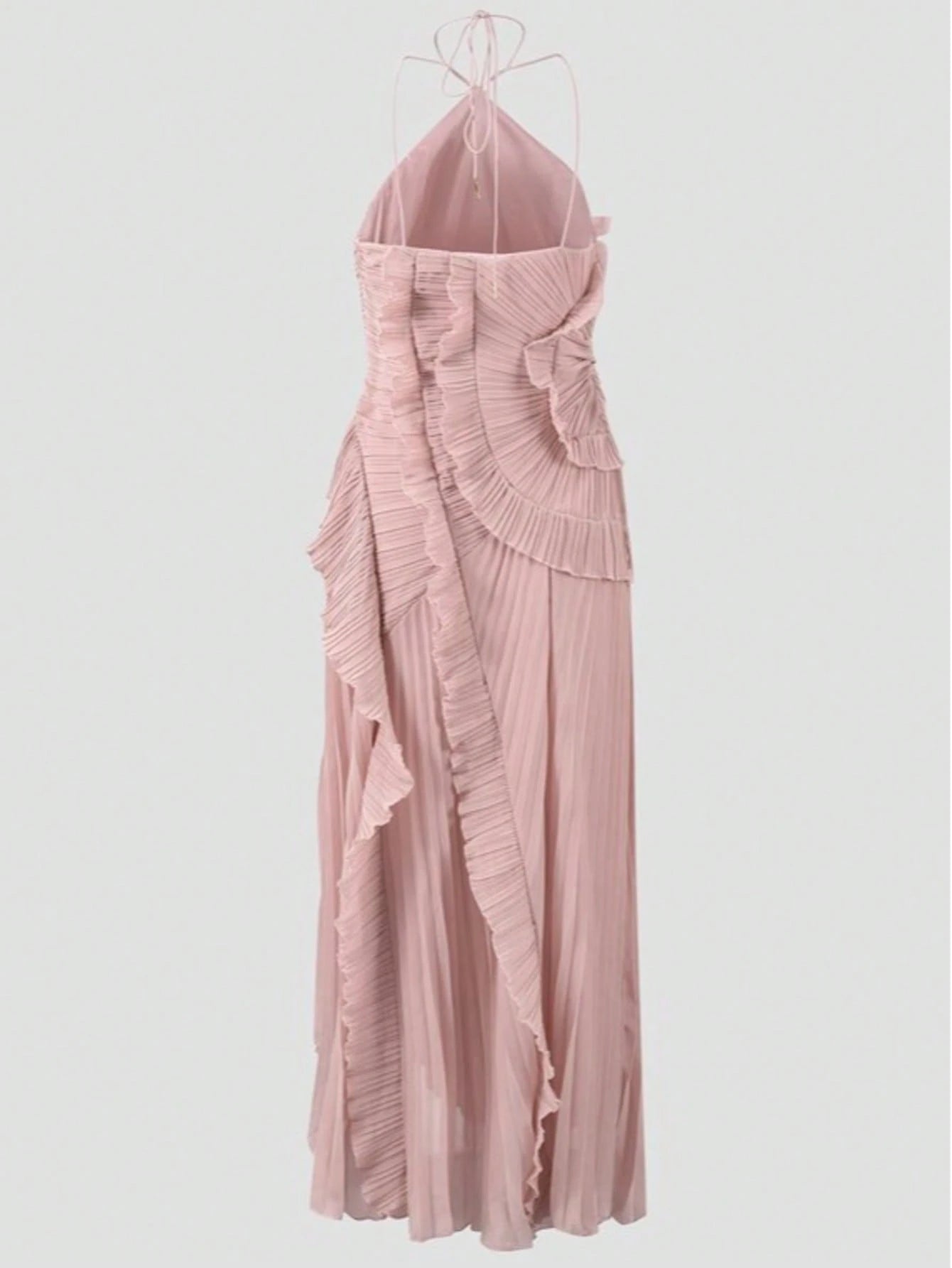 Women's Pink Lightweight Halter Neck Backless Ruffle Mid-Length A-Line Dress, Sleeveless Polyester Elegant Party, Wedding Guest Summer