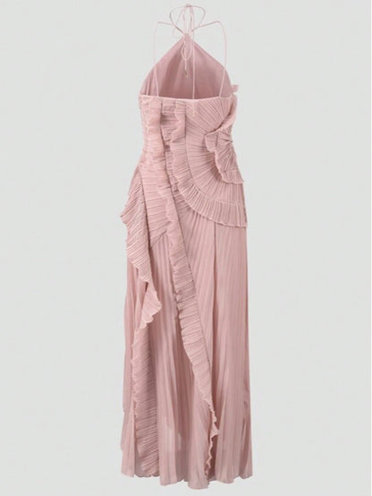 Women's Pink Lightweight Halter Neck Backless Ruffle Mid-Length A-Line Dress, Sleeveless Polyester Elegant Party, Wedding Guest Summer