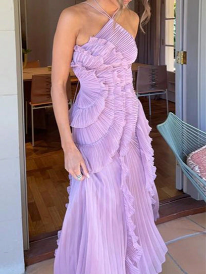Women's Pink Lightweight Halter Neck Backless Ruffle Mid-Length A-Line Dress, Sleeveless Polyester Elegant Party, Wedding Guest Summer