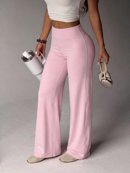 Women's Pink Solid Color High Waist Wide Leg Yoga Pants Flare Leg Sports Pants, American Style Gym Workout Clothes, Butt Lifting And Tummy Control