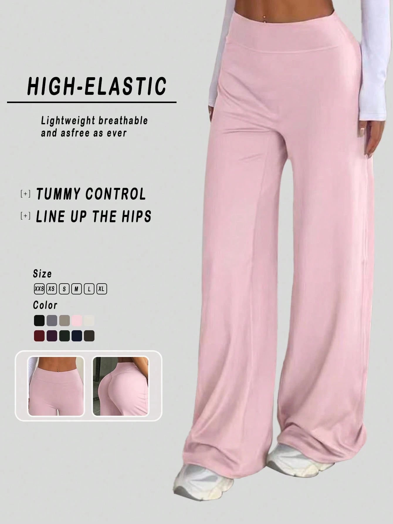 Women's Pink Solid Color High Waist Wide Leg Yoga Pants Flare Leg Sports Pants, American Style Gym Workout Clothes, Butt Lifting And Tummy Control