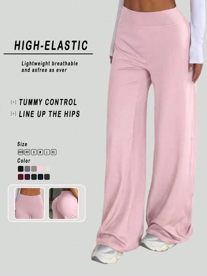 Women's Pink Solid Color High Waist Wide Leg Yoga Pants Flare Leg Sports Pants, American Style Gym Workout Clothes, Butt Lifting And Tummy Control
