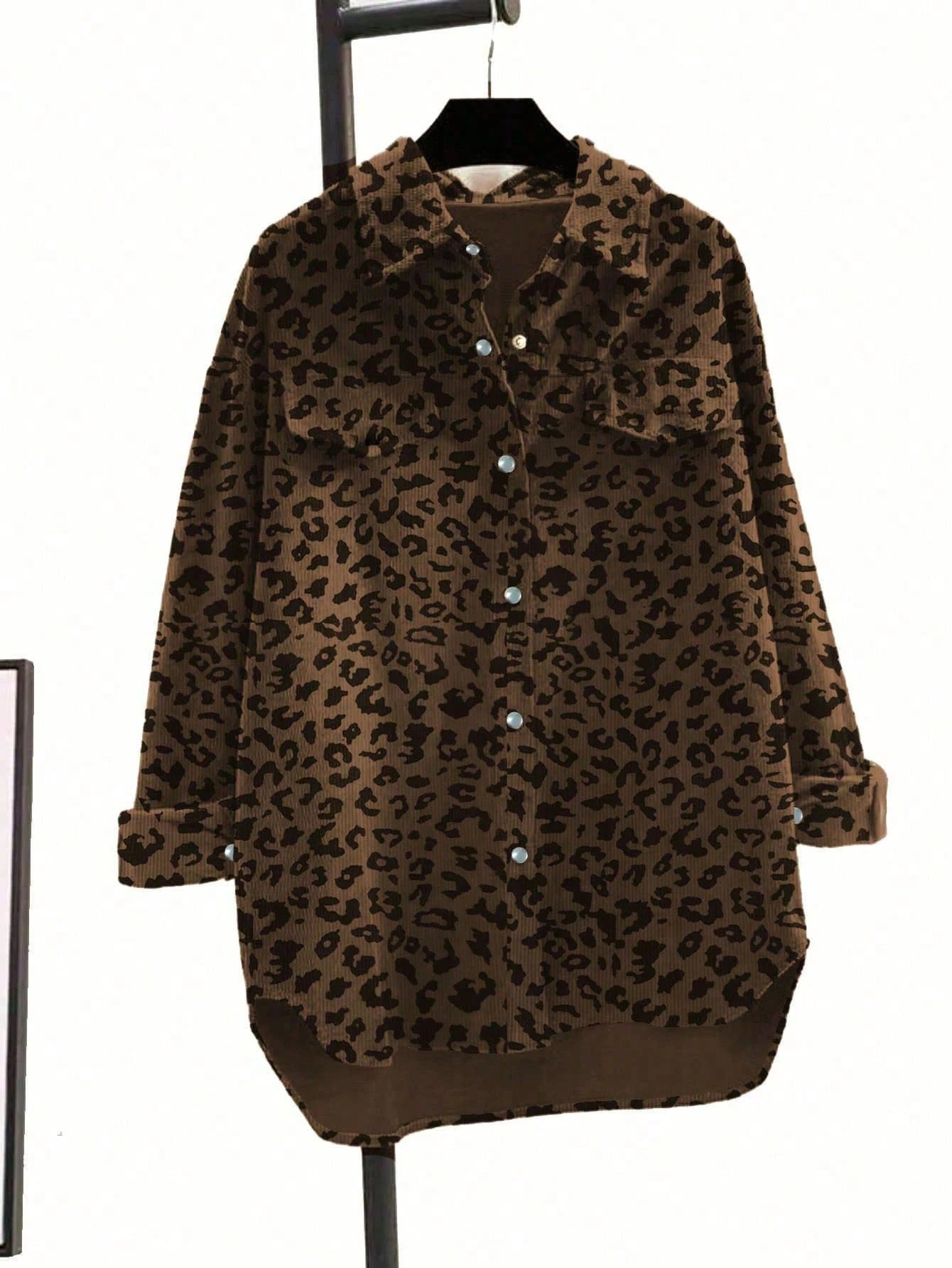 Women's Plus Size Fashionable Leopard Print Front Button Turndown Collar Long Sleeve Loose Casual Jacket Spring Brown