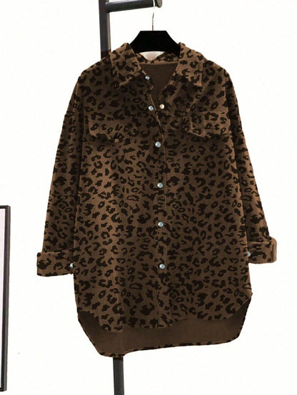 Women's Plus Size Fashionable Leopard Print Front Button Turndown Collar Long Sleeve Loose Casual Jacket Spring Brown