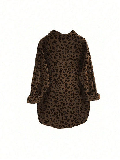 Women's Plus Size Fashionable Leopard Print Front Button Turndown Collar Long Sleeve Loose Casual Jacket Spring Brown