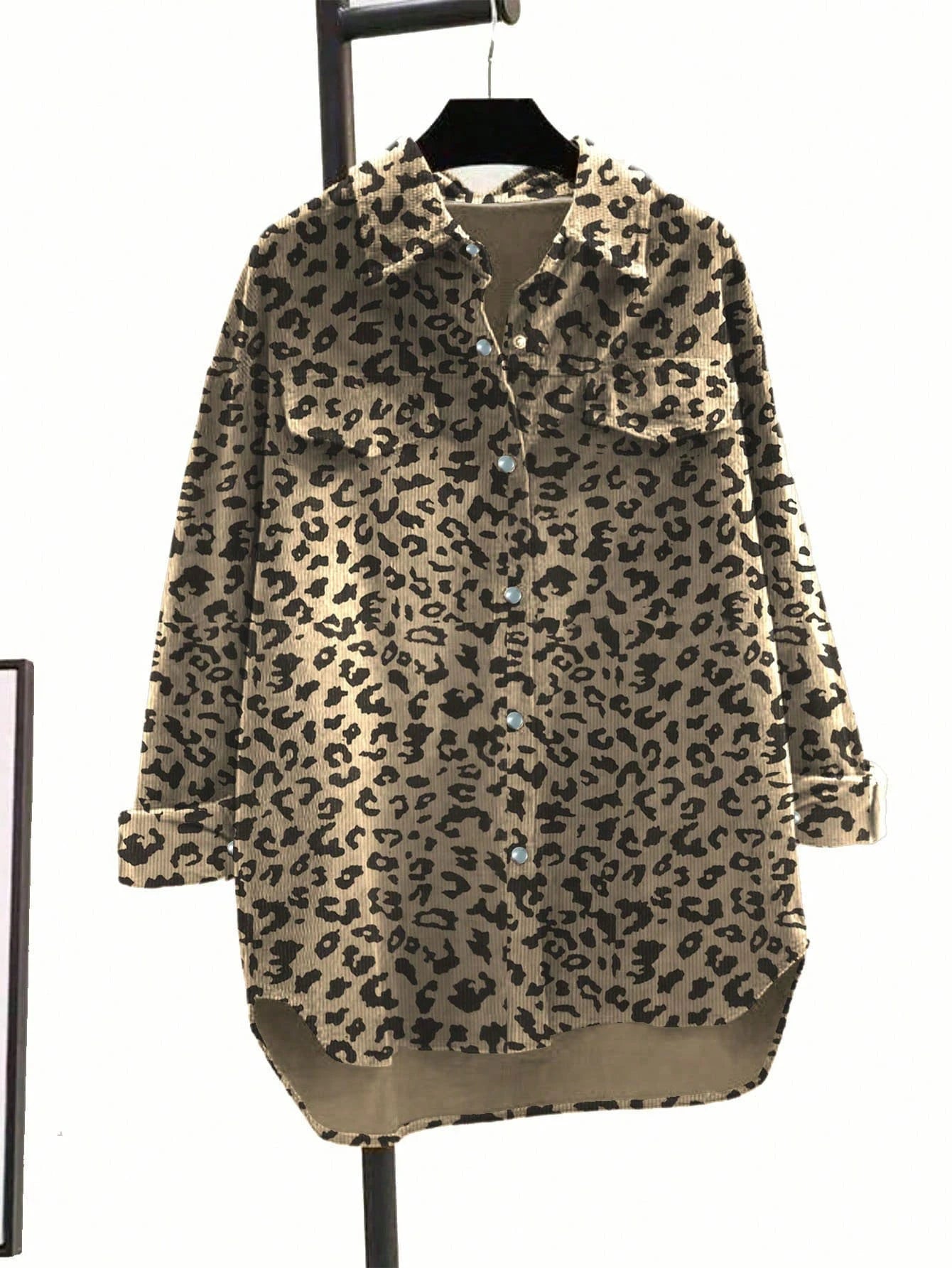 Women's Plus Size Fashionable Leopard Print Front Button Turndown Collar Long Sleeve Loose Casual Jacket Spring Brown