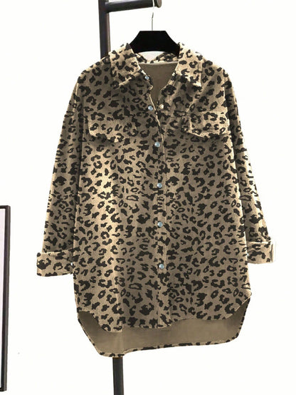 Women's Plus Size Fashionable Leopard Print Front Button Turndown Collar Long Sleeve Loose Casual Jacket Spring Brown