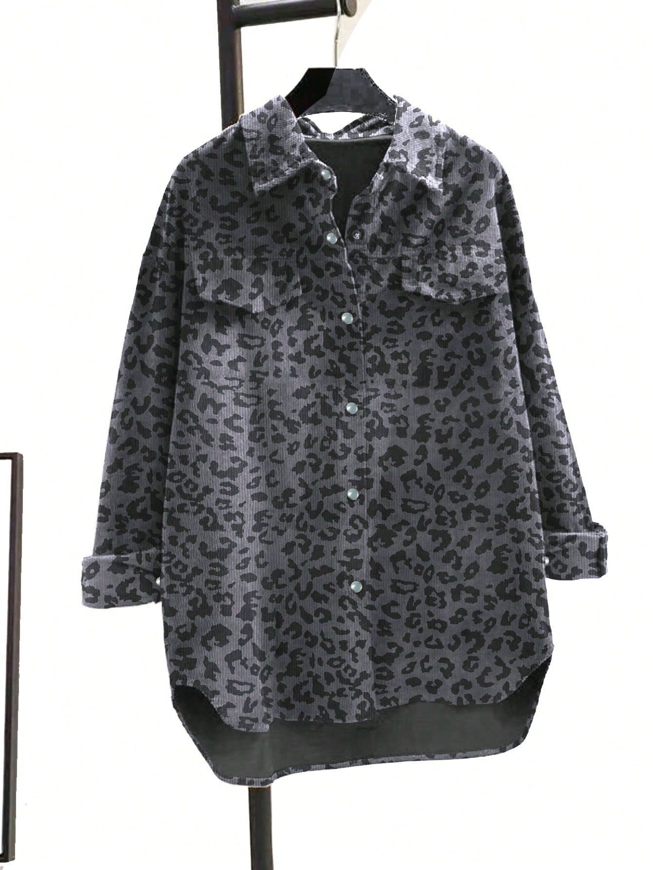 Women's Plus Size Fashionable Leopard Print Front Button Turndown Collar Long Sleeve Loose Casual Jacket Spring Brown
