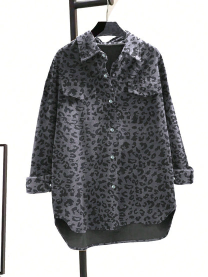 Women's Plus Size Fashionable Leopard Print Front Button Turndown Collar Long Sleeve Loose Casual Jacket Spring Brown