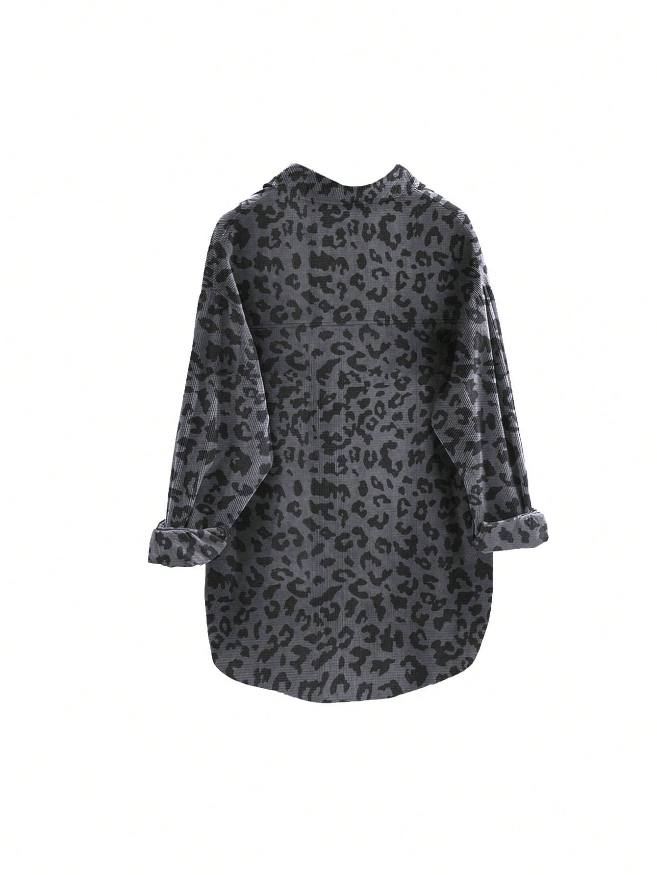 Women's Plus Size Fashionable Leopard Print Front Button Turndown Collar Long Sleeve Loose Casual Jacket Spring Brown