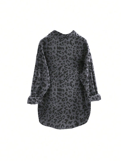 Women's Plus Size Fashionable Leopard Print Front Button Turndown Collar Long Sleeve Loose Casual Jacket Spring Brown