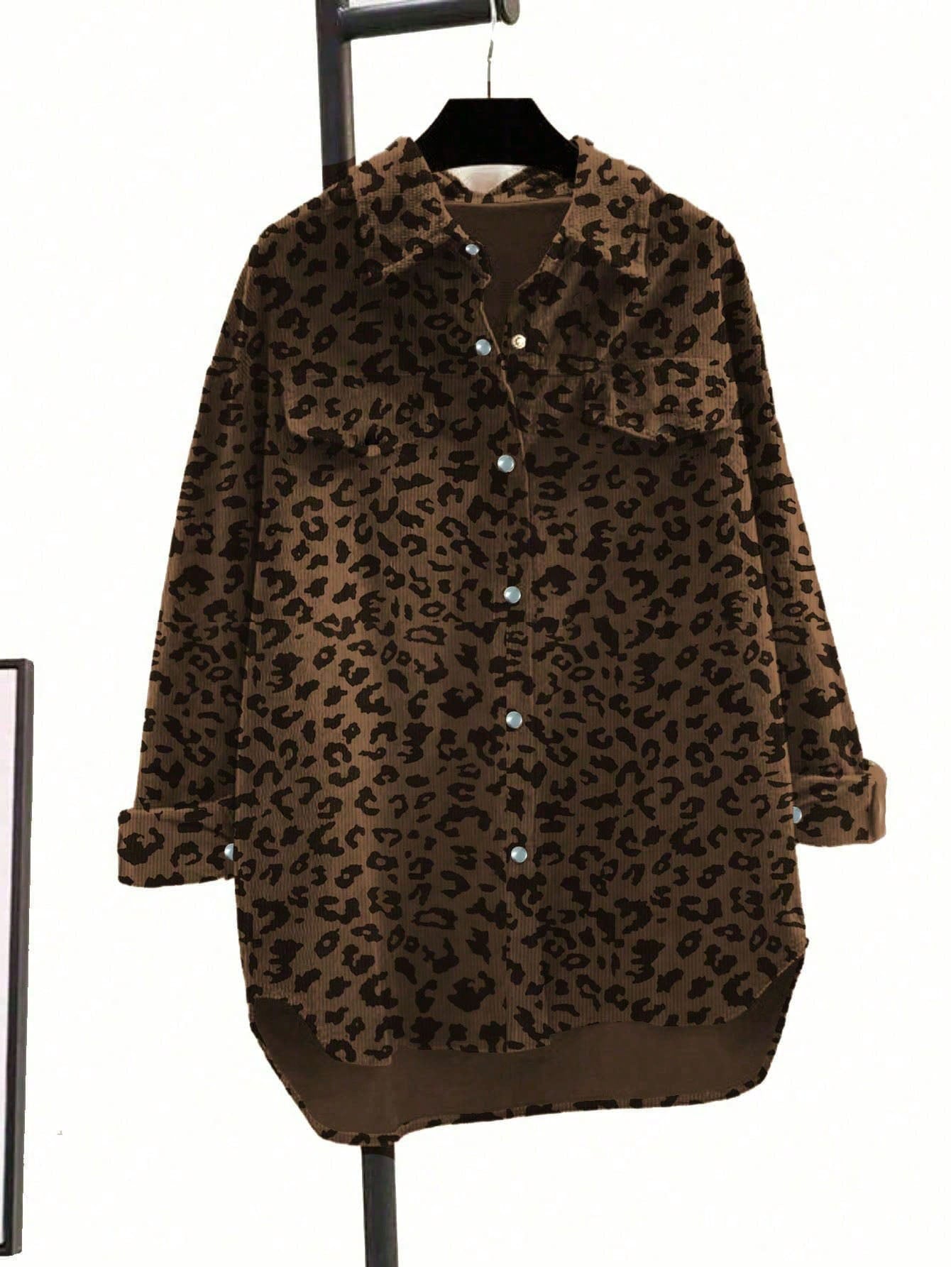 Women's Plus Size Fashionable Leopard Print Front Button Turndown Collar Long Sleeve Loose Casual Jacket Spring Brown
