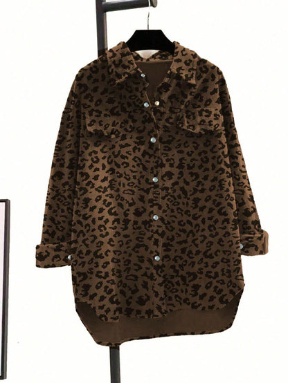 Women's Plus Size Fashionable Leopard Print Front Button Turndown Collar Long Sleeve Loose Casual Jacket Spring Brown