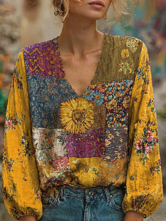 Women's Plus Size Hippie Style Patchwork V-Neck Long Sleeve Blouse, Bohemian Print Woven Fabric, Autumn Fashion Vacation
