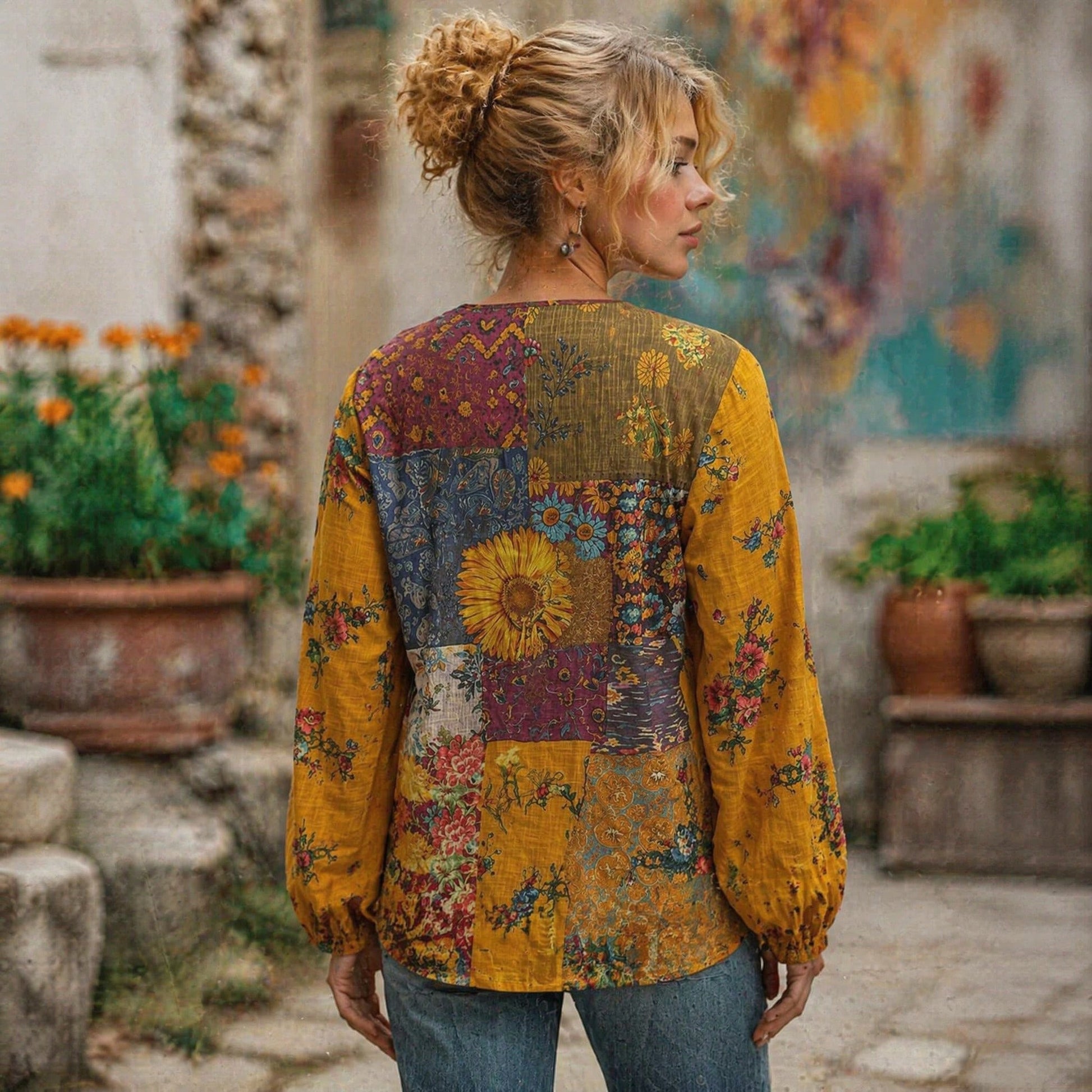 Women's Plus Size Hippie Style Patchwork V-Neck Long Sleeve Blouse, Bohemian Print Woven Fabric, Autumn Fashion Vacation