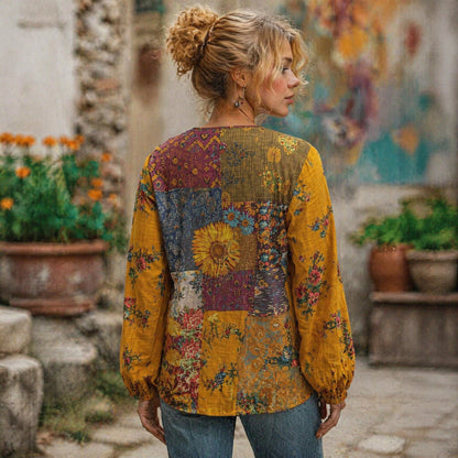 Women's Plus Size Hippie Style Patchwork V-Neck Long Sleeve Blouse, Bohemian Print Woven Fabric, Autumn Fashion Vacation