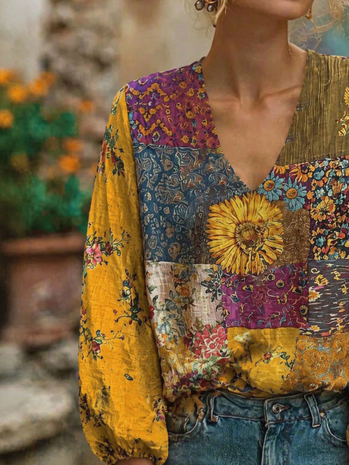 Women's Plus Size Hippie Style Patchwork V-Neck Long Sleeve Blouse, Bohemian Print Woven Fabric, Autumn Fashion Vacation