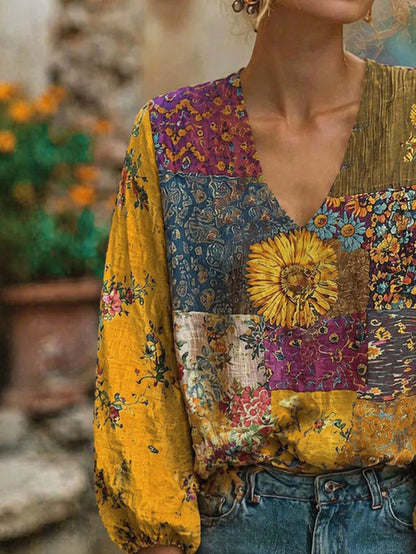 Women's Plus Size Hippie Style Patchwork V-Neck Long Sleeve Blouse, Bohemian Print Woven Fabric, Autumn Fashion Vacation