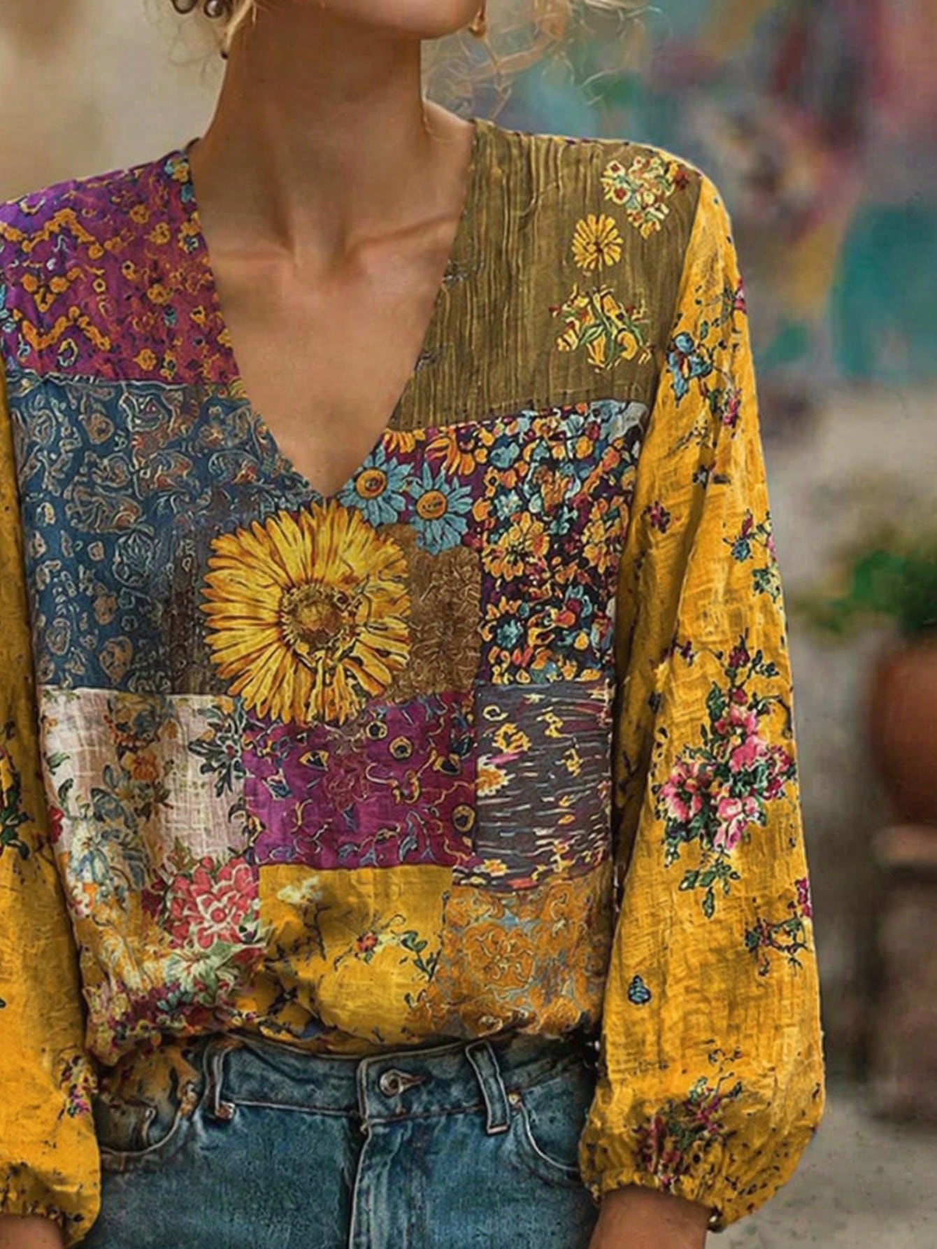Women's Plus Size Hippie Style Patchwork V-Neck Long Sleeve Blouse, Bohemian Print Woven Fabric, Autumn Fashion Vacation