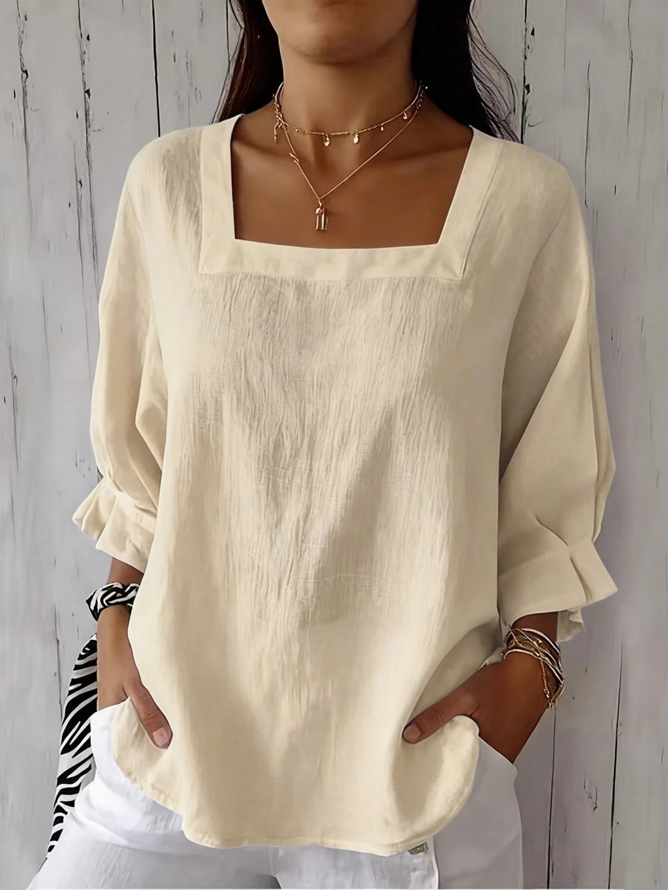 Women's Plus Size Short Sleeve Solid Color Square Neck Dropped Shoulder Lotus Ruffle Cuff Summer Blouse