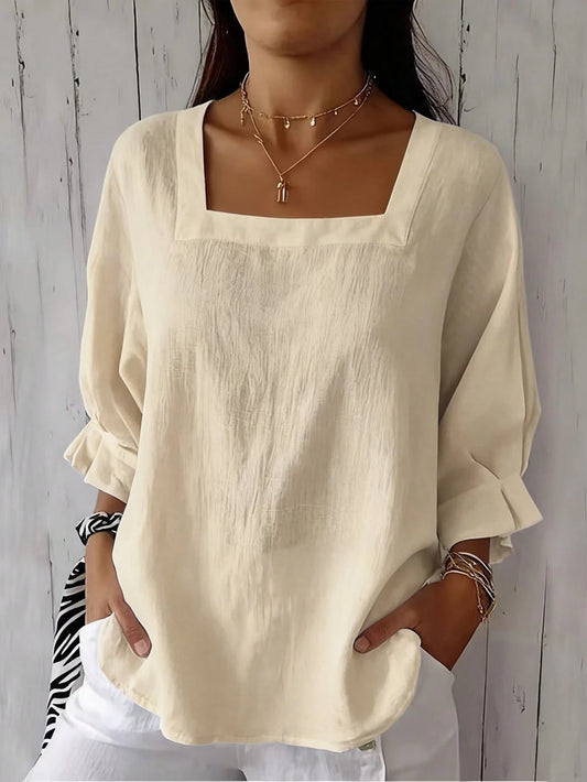 Women's Plus Size Short Sleeve Solid Color Square Neck Dropped Shoulder Lotus Ruffle Cuff Summer Blouse