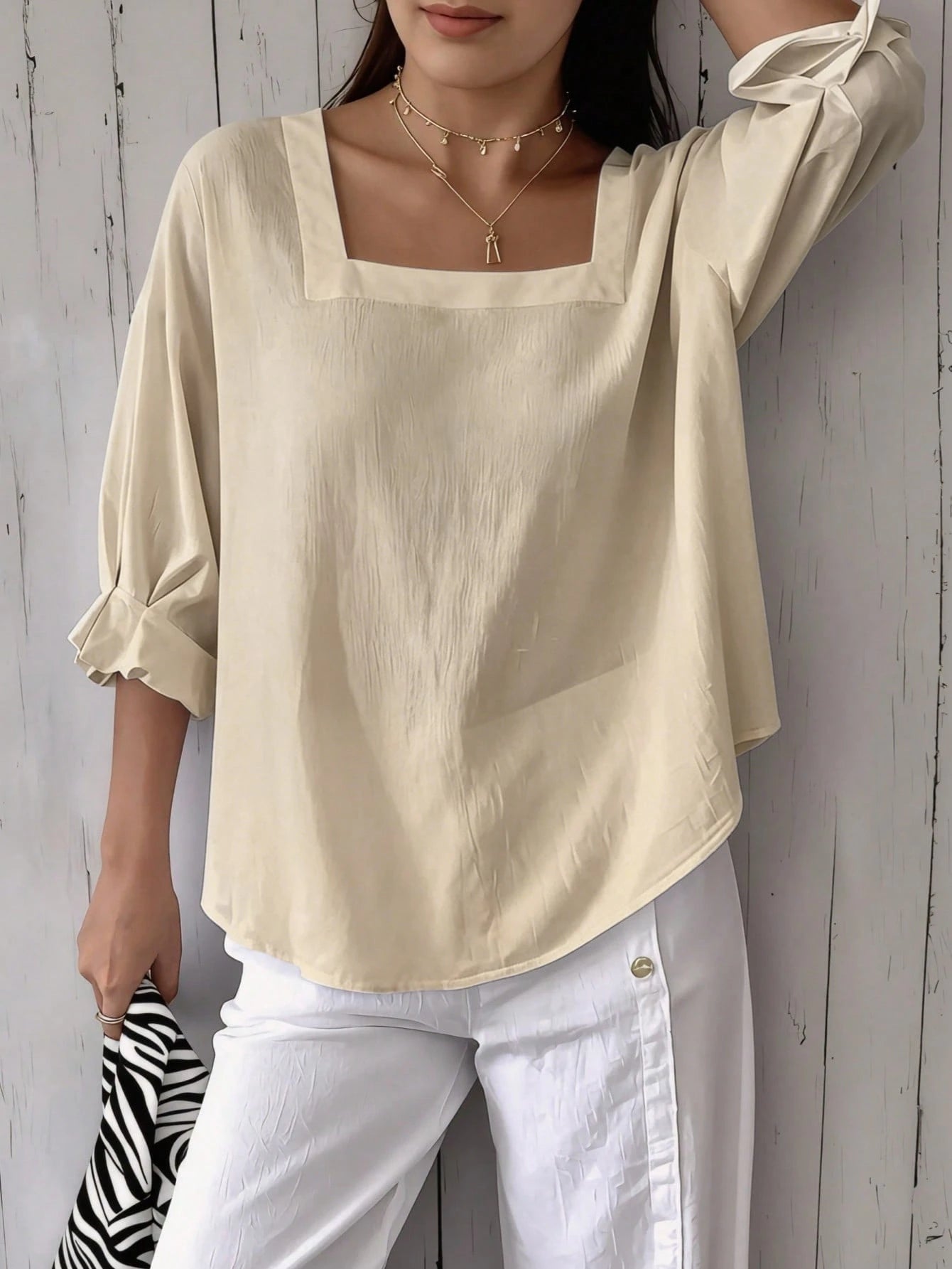 Women's Plus Size Short Sleeve Solid Color Square Neck Dropped Shoulder Lotus Ruffle Cuff Summer Blouse