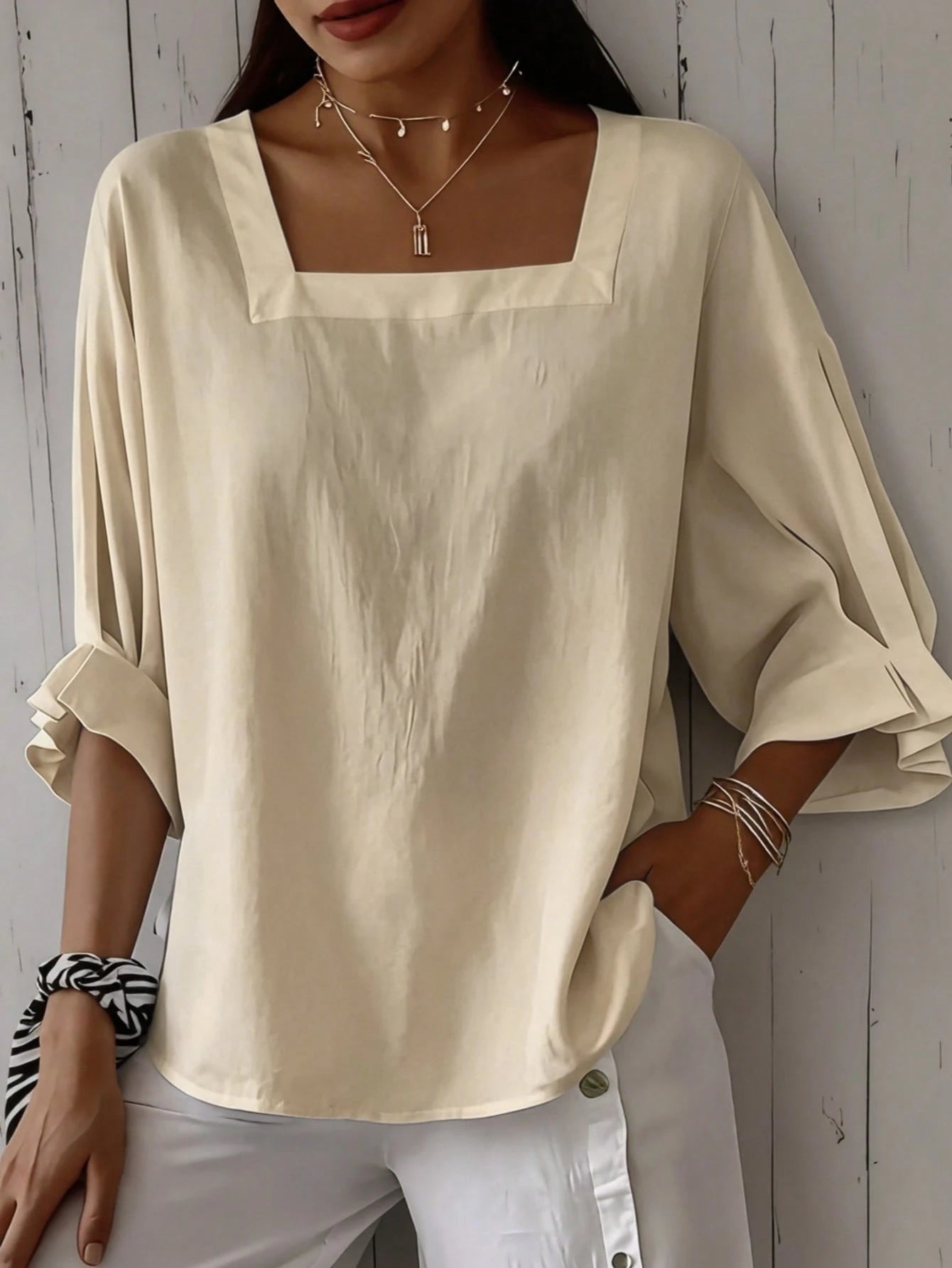 Women's Plus Size Short Sleeve Solid Color Square Neck Dropped Shoulder Lotus Ruffle Cuff Summer Blouse