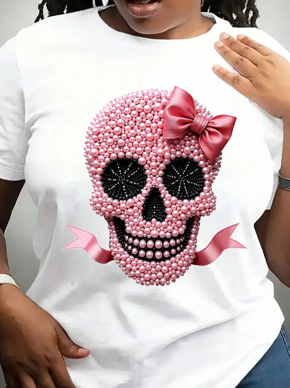Women's Plus Size Skull And Pink Pearl Graphic Print- Summer Casual T-Shirt, Machine Washable- 220g