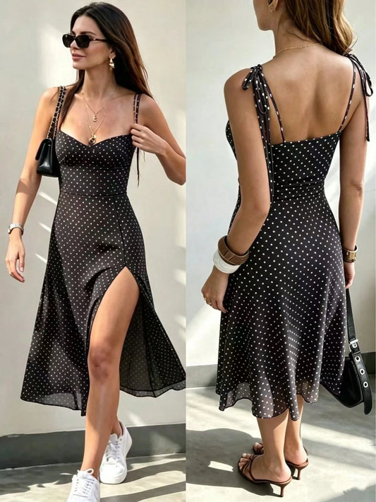 Women's Polka Dot Print Spaghetti Strap Dress, Sweetheart Neck Dress, Retro Elegant Mid-Length Dress Summer Party, French Girl Style Black
