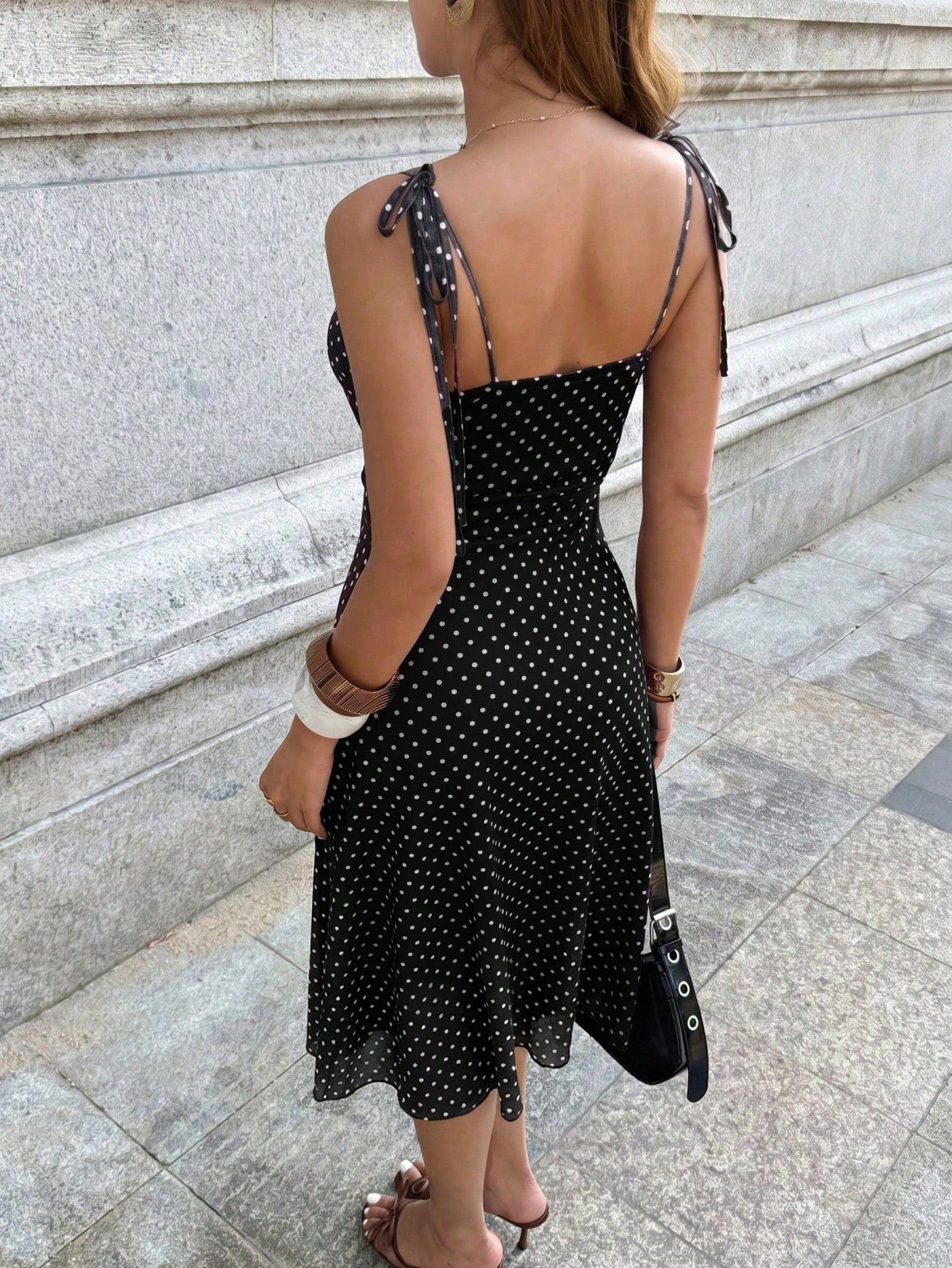 Women's Polka Dot Print Spaghetti Strap Dress, Sweetheart Neck Dress, Retro Elegant Mid-Length Dress Summer Party, French Girl Style Black