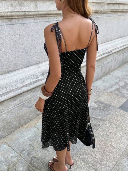 Women's Polka Dot Print Spaghetti Strap Dress, Sweetheart Neck Dress, Retro Elegant Mid-Length Dress Summer Party, French Girl Style Black