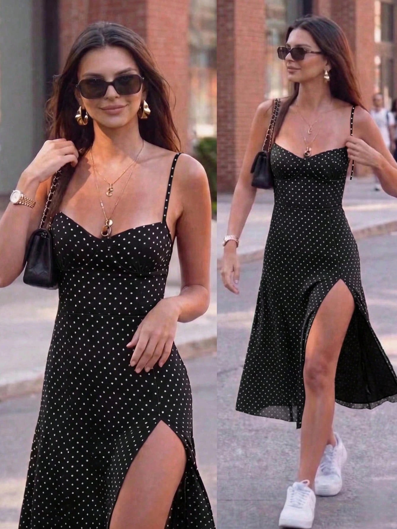 Women's Polka Dot Print Spaghetti Strap Dress, Sweetheart Neck Dress, Retro Elegant Mid-Length Dress Summer Party, French Girl Style Black