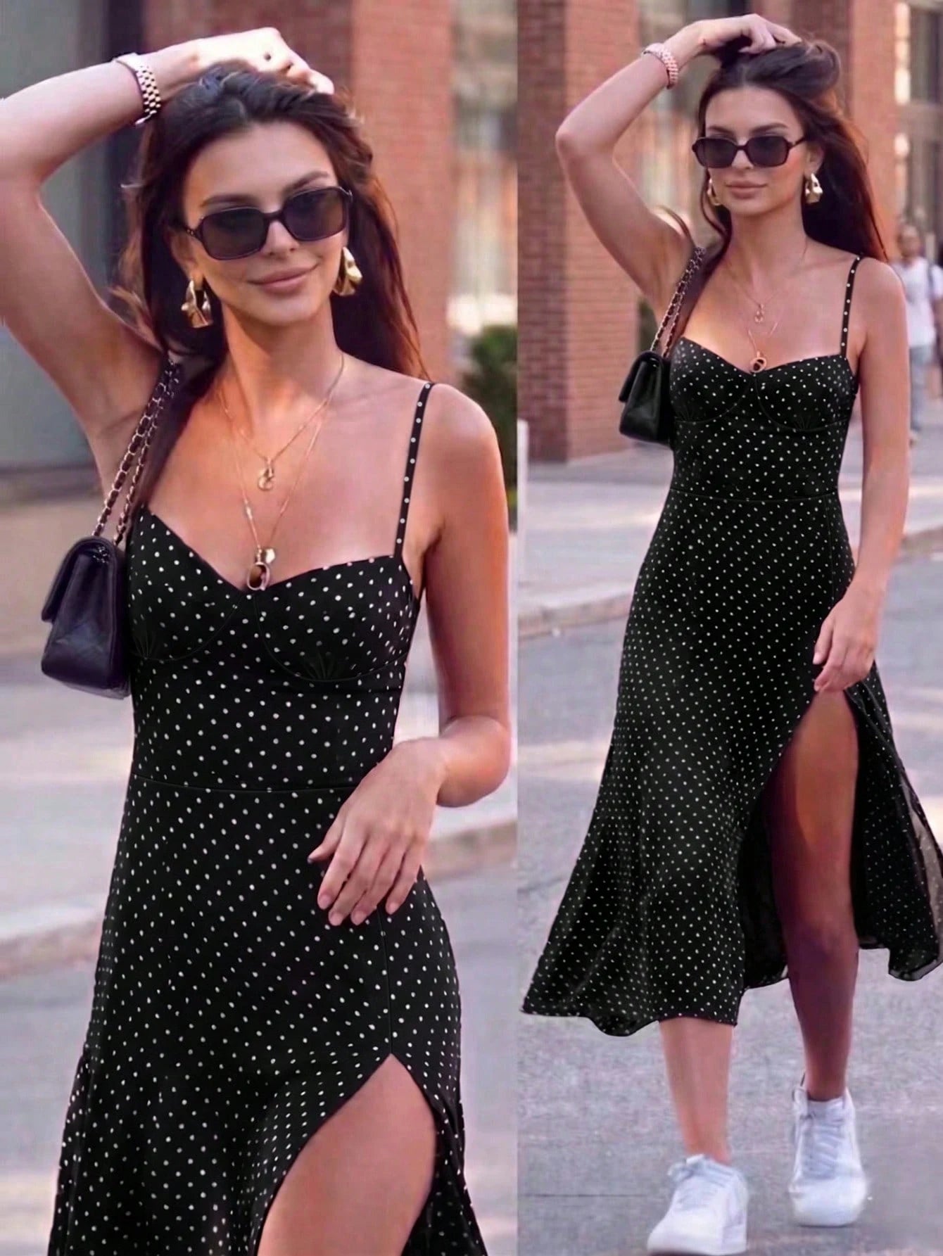 Women's Polka Dot Print Spaghetti Strap Dress, Sweetheart Neck Dress, Retro Elegant Mid-Length Dress Summer Party, French Girl Style Black
