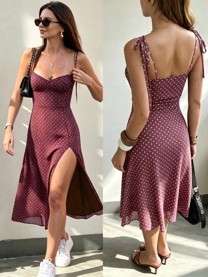 Women's Polka Dot Print Spaghetti Strap Dress, Sweetheart Neck Dress, Retro Elegant Mid-Length Dress Summer Party, French Girl Style Black
