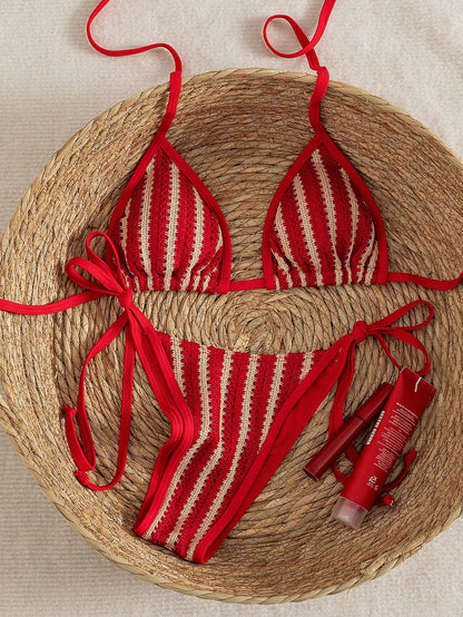 Women's Red Textured Sexy Bikini Set Set, Halter Tie Back Backless Swimwear, High Elastic Breathable Fabric, Party/Music Festival Bikini Set, Beach Holiday Swimwear, Women's Summer Holiday Outfit, Bea