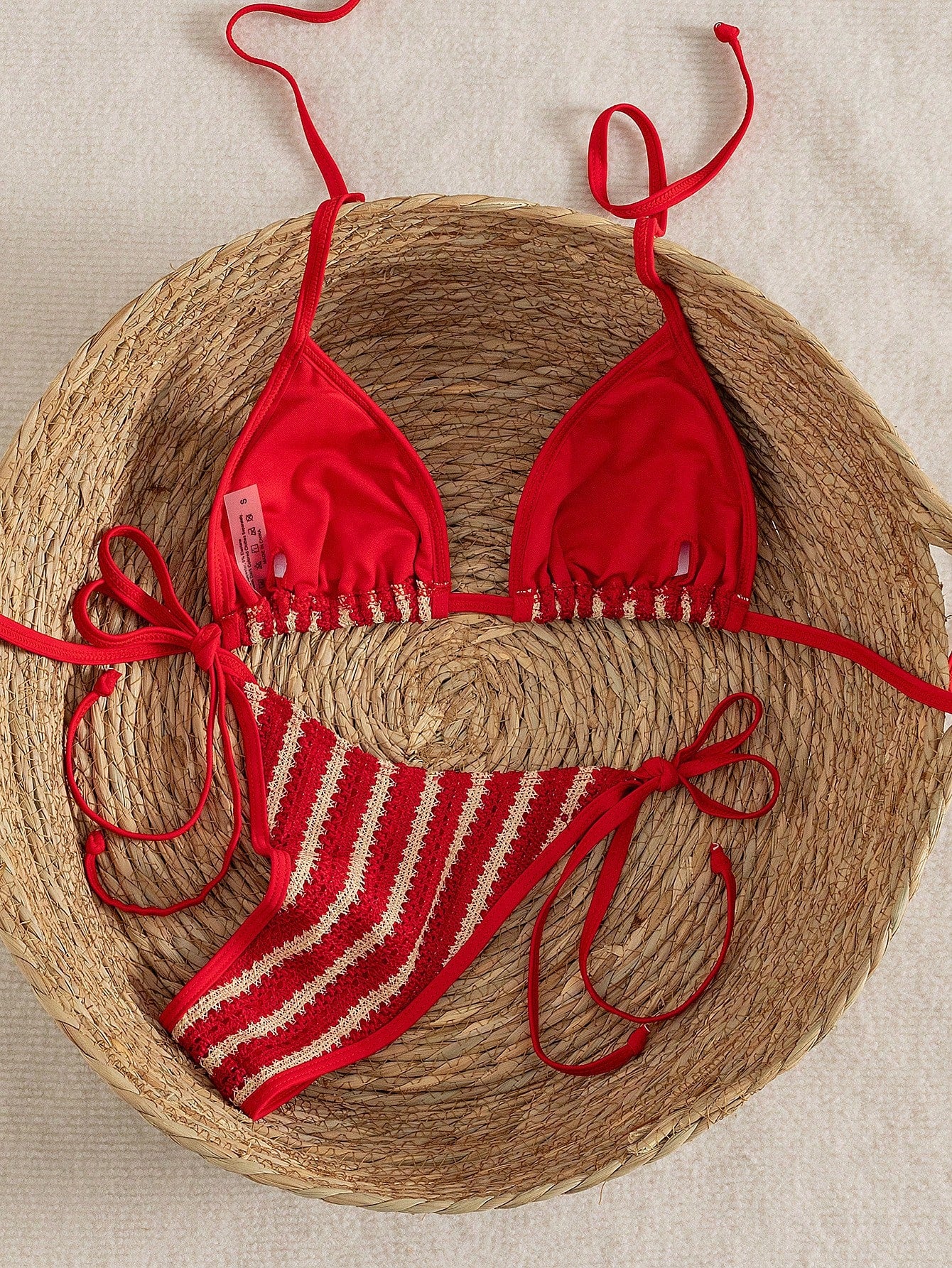 Women's Red Textured Sexy Bikini Set Set, Halter Tie Back Backless Swimwear, High Elastic Breathable Fabric, Party/Music Festival Bikini Set, Beach Holiday Swimwear, Women's Summer Holiday Outfit, Bea