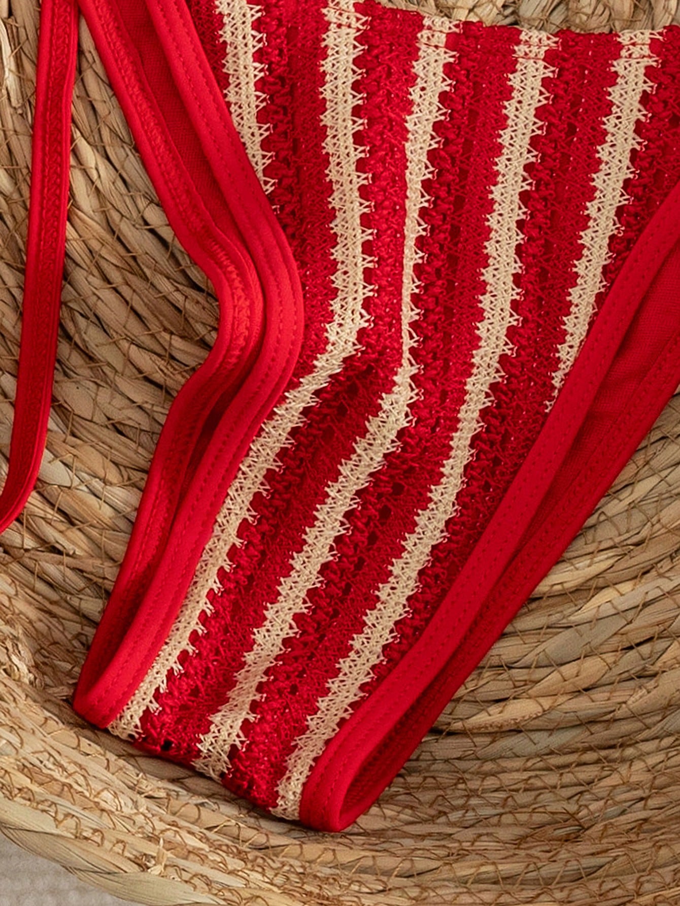 Women's Red Textured Sexy Bikini Set Set, Halter Tie Back Backless Swimwear, High Elastic Breathable Fabric, Party/Music Festival Bikini Set, Beach Holiday Swimwear, Women's Summer Holiday Outfit, Bea