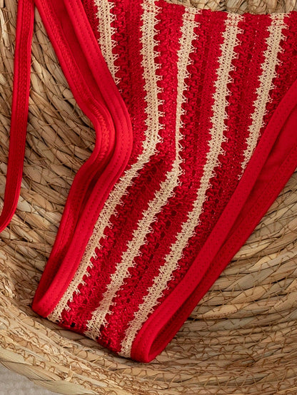 Women's Red Textured Sexy Bikini Set Set, Halter Tie Back Backless Swimwear, High Elastic Breathable Fabric, Party/Music Festival Bikini Set, Beach Holiday Swimwear, Women's Summer Holiday Outfit, Bea