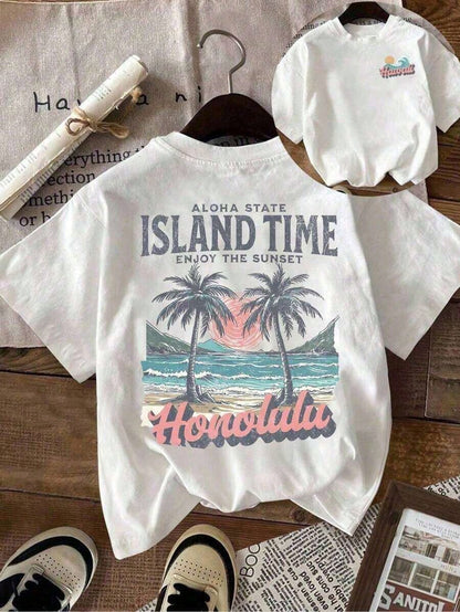 Women's Retro Graphic Summer T-Shirt, Vintage Hawaiian Sunset Aloha Tropical Vibes Style Casual Fashion Tee