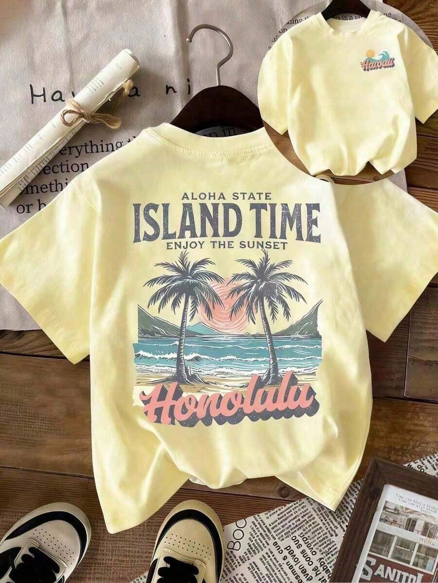 Women's Retro Graphic Summer T-Shirt, Vintage Hawaiian Sunset Aloha Tropical Vibes Style Casual Fashion Tee