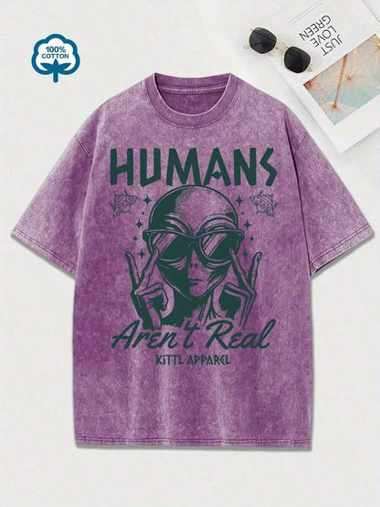 Women's Retro Tyle Alien Glasses Pattern T-Hirt- "Humans Are Not Real" Fun Astronaut Design, Hort Leeve, Ummer Casual Top, Green Distressed Finish