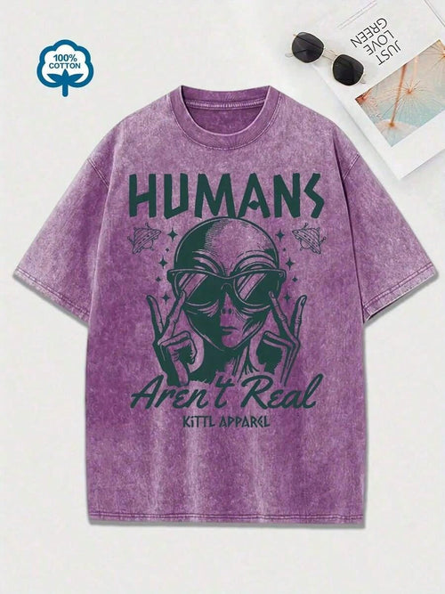 Women's Retro Tyle Alien Glasses Pattern T-Hirt- "Humans Are Not Real" Fun Astronaut Design, Hort Leeve, Ummer Casual Top, Green Distressed Finish