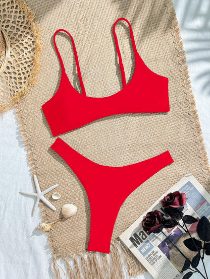 Women's Separated Bandeau Bikini 2 Pieces Set, Sexy Solid Color Triangle Briefs With Back Hook Adjustable Straps, Summer Swimwear Vacation Beach Red