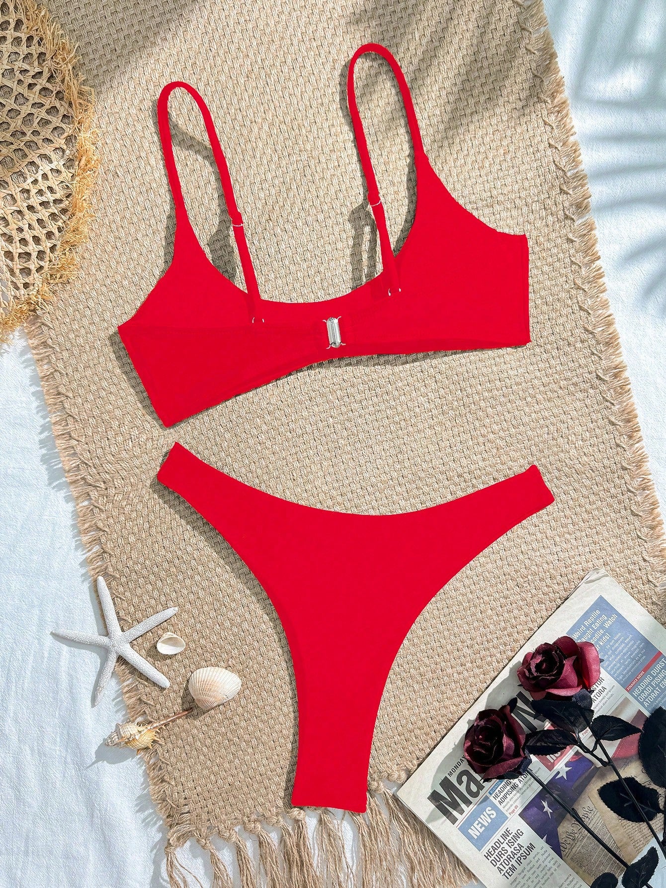 Women's Separated Bandeau Bikini 2 Pieces Set, Sexy Solid Color Triangle Briefs With Back Hook Adjustable Straps, Summer Swimwear Vacation Beach Red