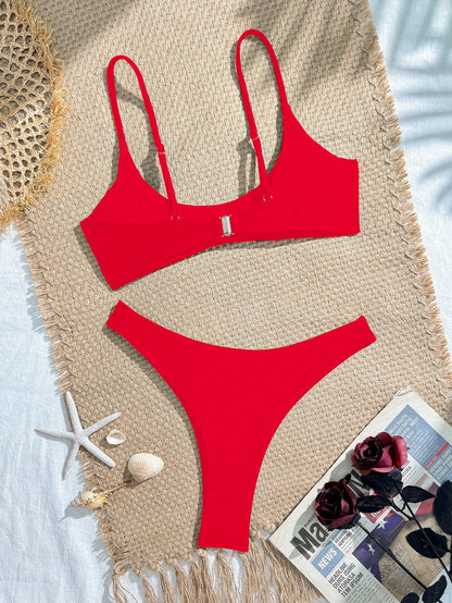 Women's Separated Bandeau Bikini 2 Pieces Set, Sexy Solid Color Triangle Briefs With Back Hook Adjustable Straps, Summer Swimwear Vacation Beach Red