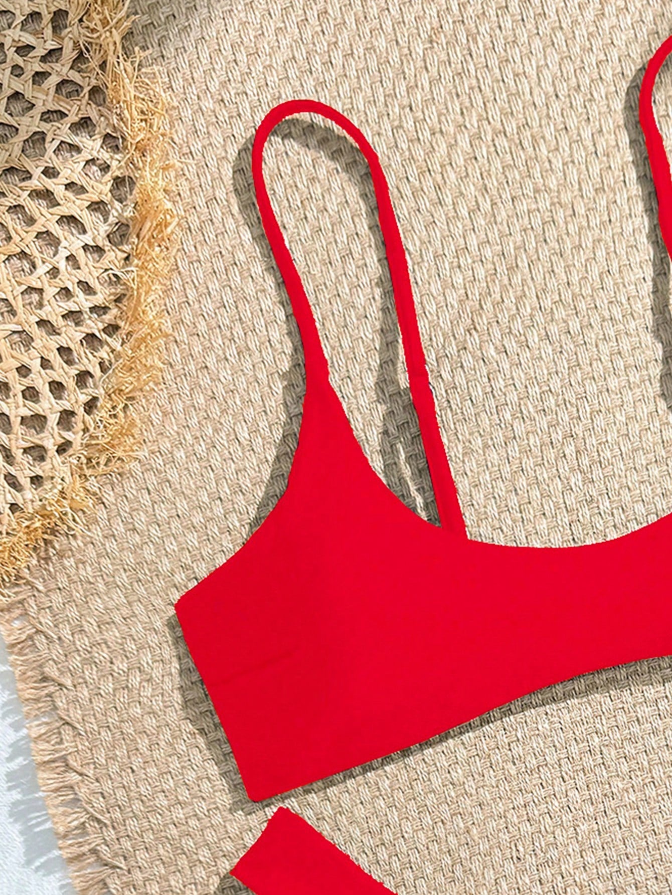 Women's Separated Bandeau Bikini 2 Pieces Set, Sexy Solid Color Triangle Briefs With Back Hook Adjustable Straps, Summer Swimwear Vacation Beach Red
