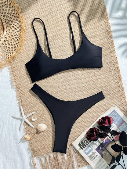 Women's Separated Bandeau Bikini 2 Pieces Set, Sexy Solid Color Triangle Briefs With Back Hook Adjustable Straps, Summer Swimwear Vacation Beach Red