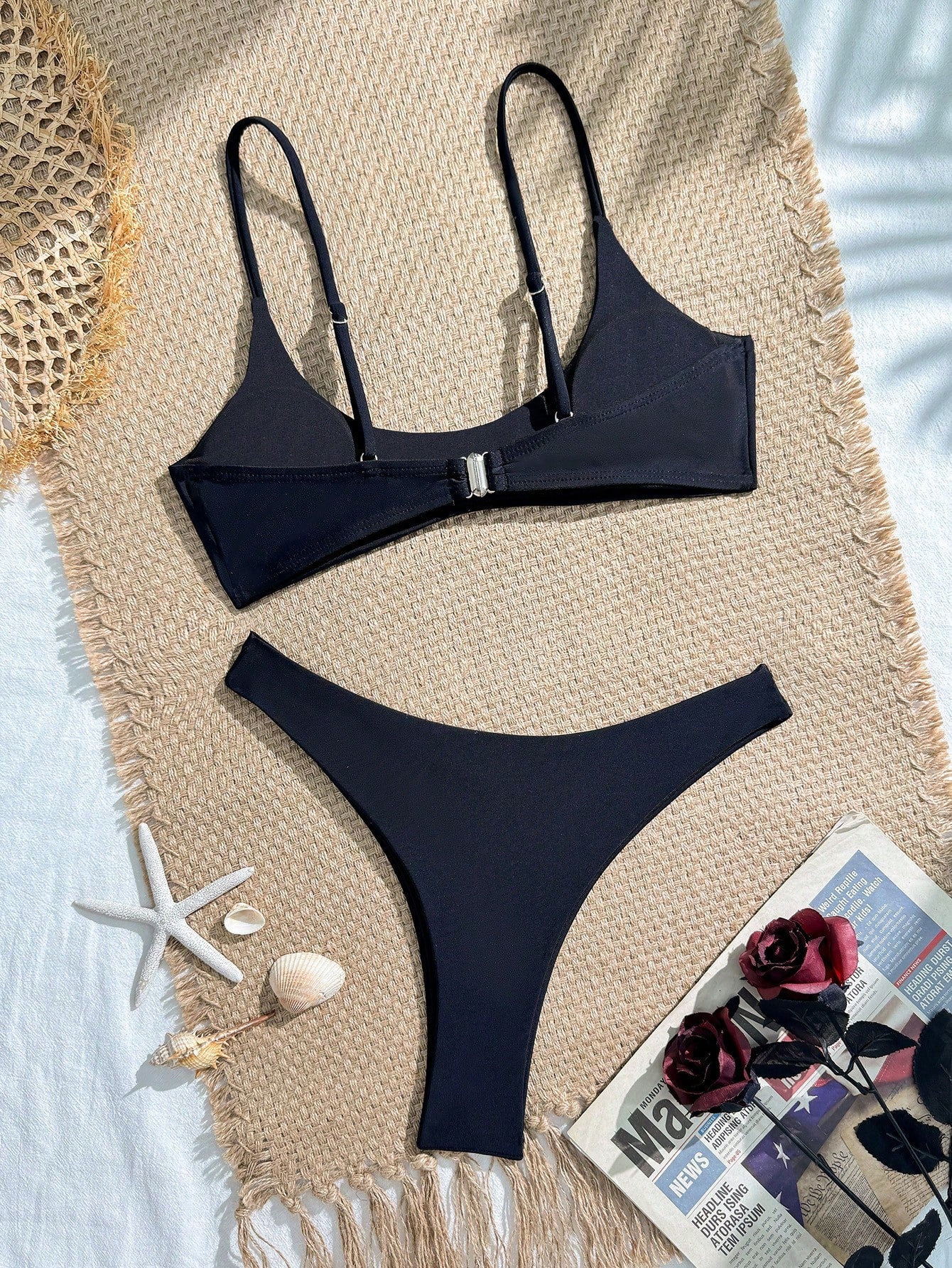 Women's Separated Bandeau Bikini 2 Pieces Set, Sexy Solid Color Triangle Briefs With Back Hook Adjustable Straps, Summer Swimwear Vacation Beach Red